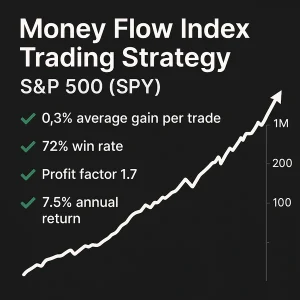 Money Flow Index (MFI) Trading Strategy – S&P 500 (SPY) results: 0.5% average gain, 73% win rate, 2.3 profit factor, and 7.8% CAGR.
