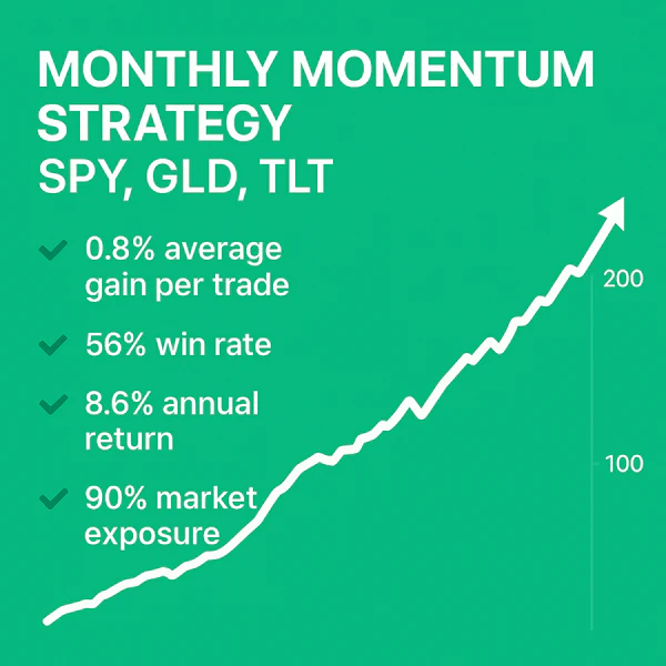 Monthly Momentum Strategy, SPY, GLD, TLT, 0.8% average gain per trade, 56% win rate, 8.6% annual return, 90% market exposure.