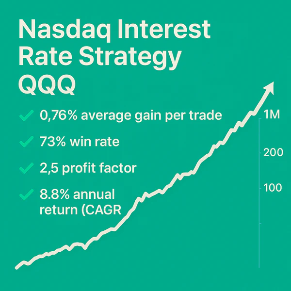 Nasdaq Interest Rate Strategy, QQQ, 1.88% average gain per trade, 62% win rate, 1.3 profit factor, 11% CAGR.