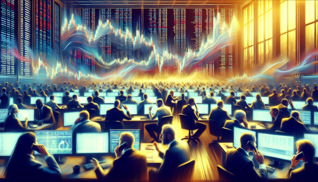 An impressionistic digital painting of a bustling trading floor with dozens of analysts at glowing computer monitors, beneath a massive, vibrant wall of scrolling market data and flowing candlestick charts.