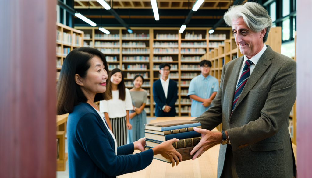John Paulson: The Billionaire Hedge Fund Trader, a philanthropist handing a stack of books to a woman in a library, symbolizing significant contributions to education and community initiatives, Quantified Strategies.