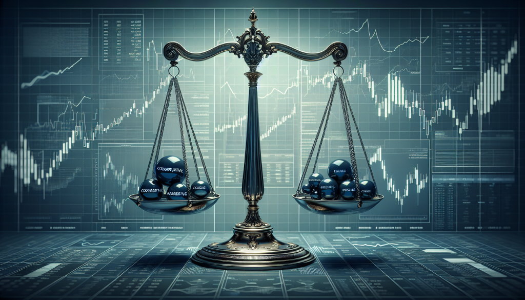 An ornate, antique-style brass scale of justice stands in the center of the frame against a backdrop of a glowing digital stock market candlestick chart.