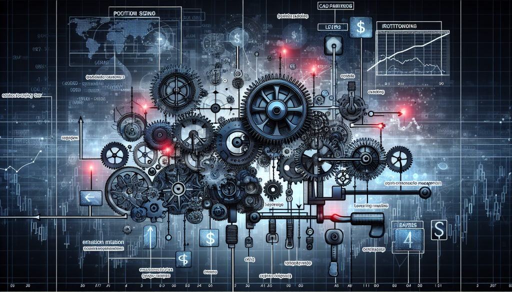 CADJPY Forex Trading Strategy – Rules, Backtest, Returns, Code: A complex mechanical digital illustration featuring large interlocking gears and clockwork machinery connected to financial charts, representing the precise mechanics of position sizing and leverage.