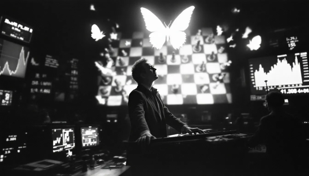 A surreal, black and white artistic photo featuring a man in a suit standing in a futuristic trading control room.