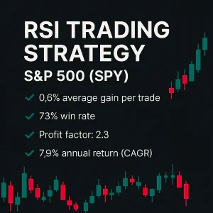 An infographic showcasing backtest results for the RSI Trading Strategy on the S&P 500 (SPY), featuring a 73% win rate, 2.3 profit factor, and a 7.9% annual return (CAGR).