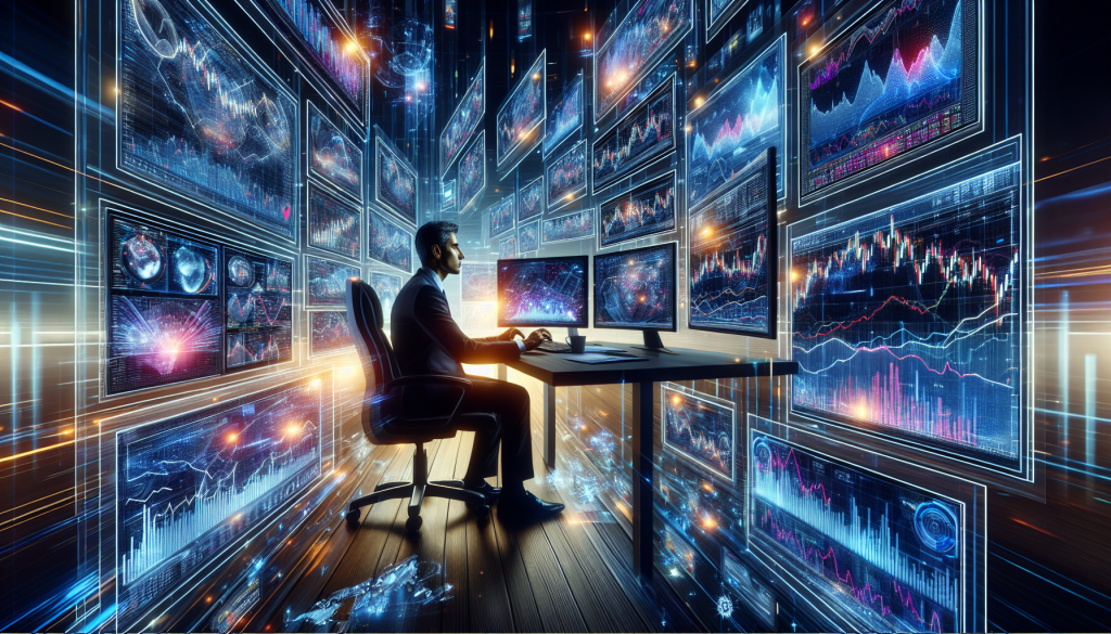 A futuristic digital illustration of a trader in a dark suit sitting at a desk with two computer monitors.
