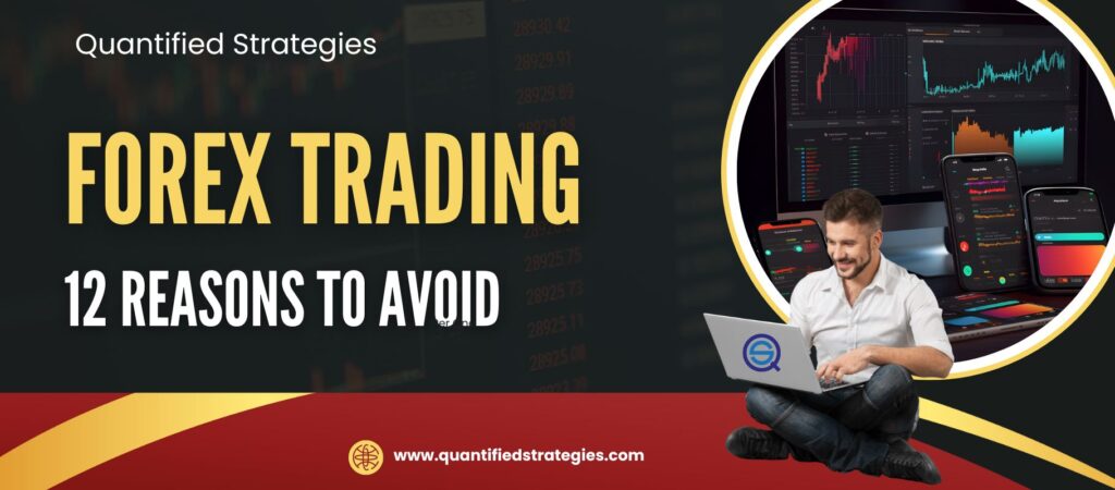 12 Reasons to Avoid (Warning) banner featuring a trader sitting with a laptop in front of multiple digital screens displaying market data and financial charts.