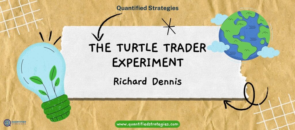 A professional banner for "Richard Dennis: The Turtle Trader Experiment" featuring a man in a dark suit pointing toward the title.