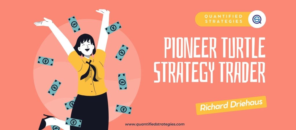 Richard Driehaus – Pioneer Turtle Strategy Trader, a vibrant illustration of a person celebrating amidst falling currency, representing the success of momentum-based trading strategies, Quantified Strategies.