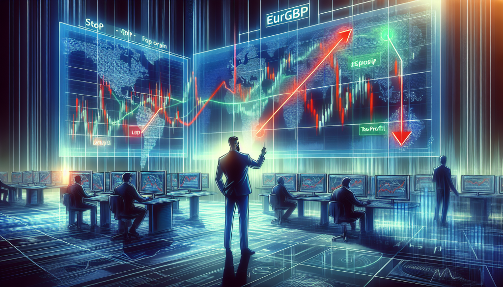 A futuristic trading floor where a lead analyst stands before a massive holographic display of the EUR/GBP pair, featuring red and green trend arrows, global maps, and technical indicators, while a team of traders monitors workstations in a high-tech environment.