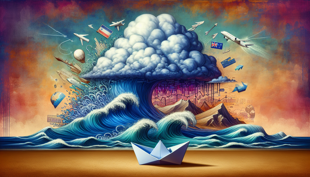 Surreal illustration of market risk showing storm waves, economic symbols, and a small paper boat, representing volatility and uncertainty in NZD/CAD trading.