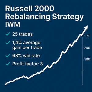 Russell 2000 Rebalancing Strategy, IWM, 5.2% average gain per trade, 73% win rate, profit factor 3.2, 22 trades.