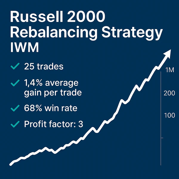 Russell 2000 Rebalancing Strategy, IWM, 5.2% average gain per trade, 73% win rate, profit factor 3.2, 22 trades.