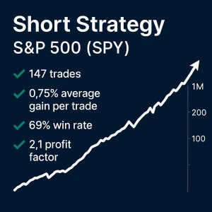 An infographic for the Short Strategy – S&P 500 (SPY) showing key performance metrics: 104 trades, 0.45% average gain per trade, 63% win rate, and a 1.9 profit factor. The graphic features a dark red background with a downward-pointing arrow and a red candlestick chart.