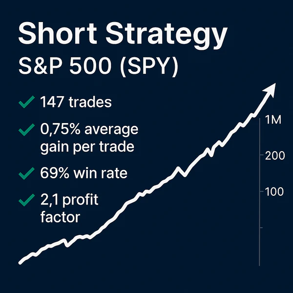 An infographic for the Short Strategy – S&P 500 (SPY) showing key performance metrics: 104 trades, 0.45% average gain per trade, 63% win rate, and a 1.9 profit factor. The graphic features a dark red background with a downward-pointing arrow and a red candlestick chart.