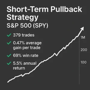 Short-Term Pullback Strategy, S&P 500, SPY, 0.47% average gain per trade, 69% win rate, 5.5% annual return, 379 trades.