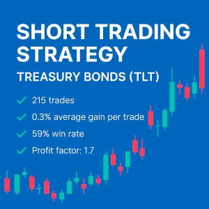 An infographic for a Short Trading Strategy for Treasury Bonds (TLT) displaying performance statistics: 215 trades, 0.3% average gain per trade, 59% win rate, and a profit factor of 1.7. The visual features a clean blue background with red and green candlestick chart elements.