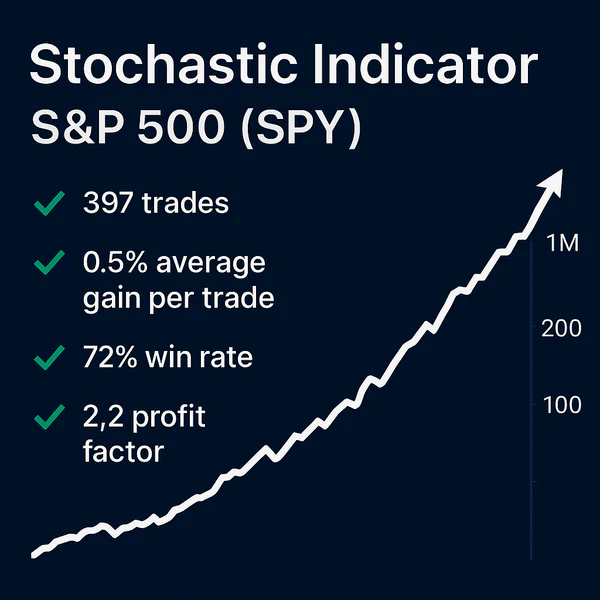 Infographic displaying backtest performance for the Stochastic Indicator Trading Strategy on the S&P 500 (SPY), showing 397 trades, a 72% win rate, and a 2.2 profit factor.