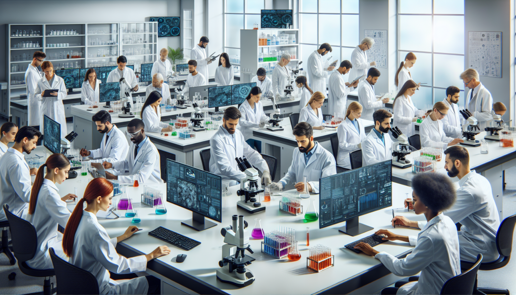 John Paulson: The Billionaire Hedge Fund Trader, a diverse team of scientists in a modern laboratory setting conducting research, symbolizing strategic investments in the healthcare and biotech sectors.