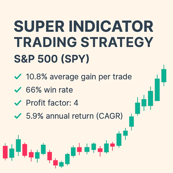 Super Indicator Trading Strategy results for S&P 500 (SPY) showing 10.8% average gain per trade, 66% win rate, and a profit factor of 4.