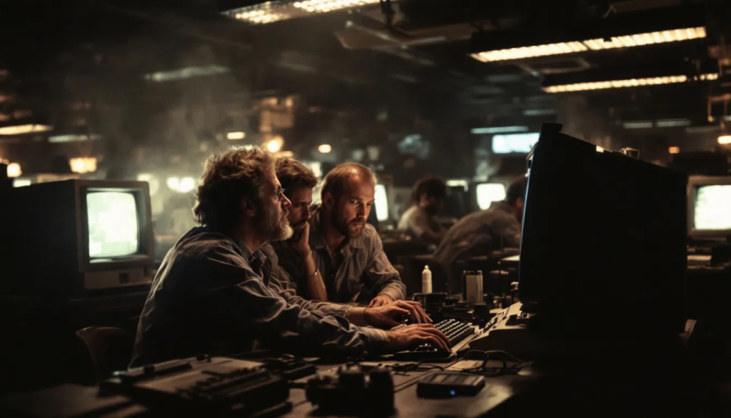 A high-tech digital illustration of a futuristic human-like robot or android sitting at a desk with its back to the viewer.