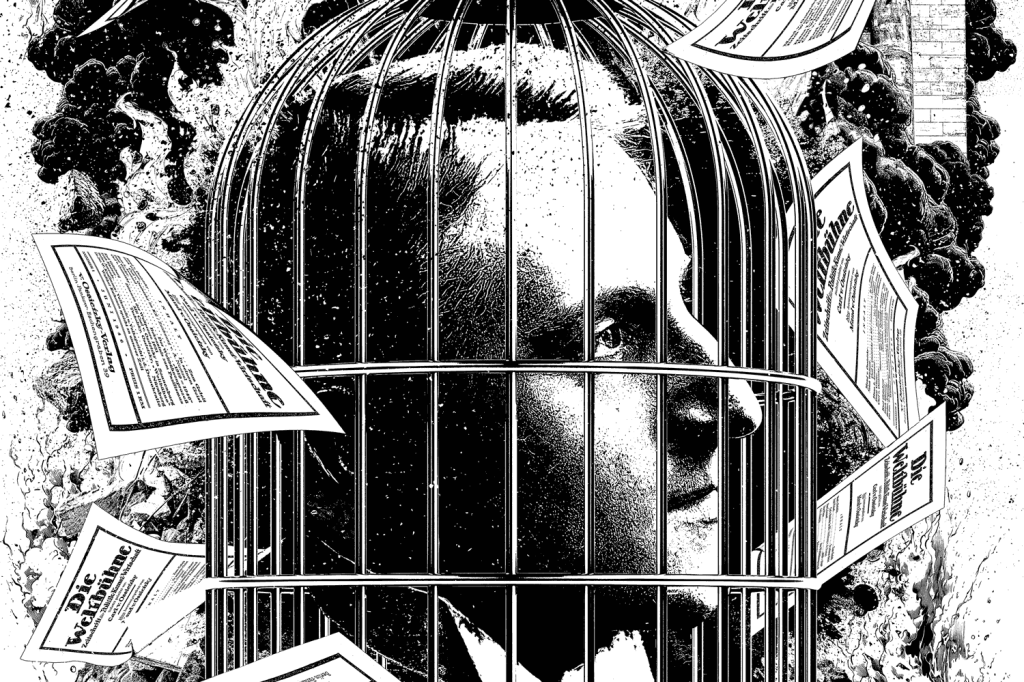 A dramatic black-and-white stipple-art illustration featuring a side profile of a man's face trapped behind the bars of a large birdcage.