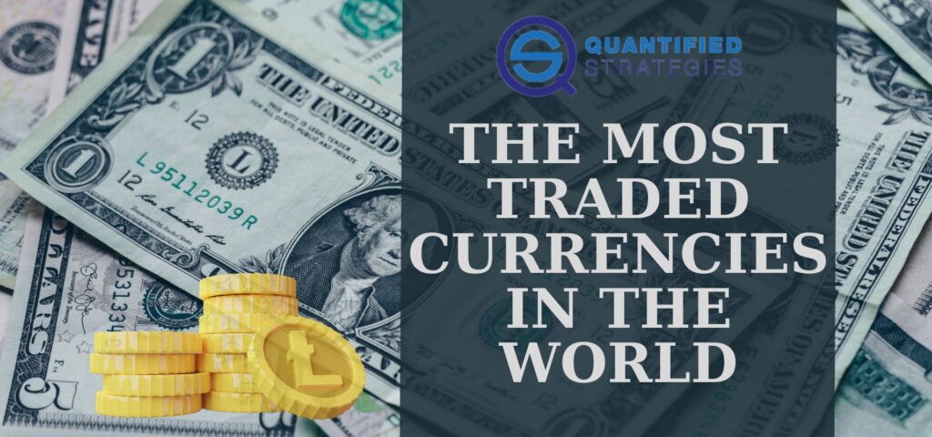 The Most Traded Currencies In The World (Video, Data, Statistics), background featuring US dollar bills and a stack of gold coins with the Quantified Strategies logo and title overlay.