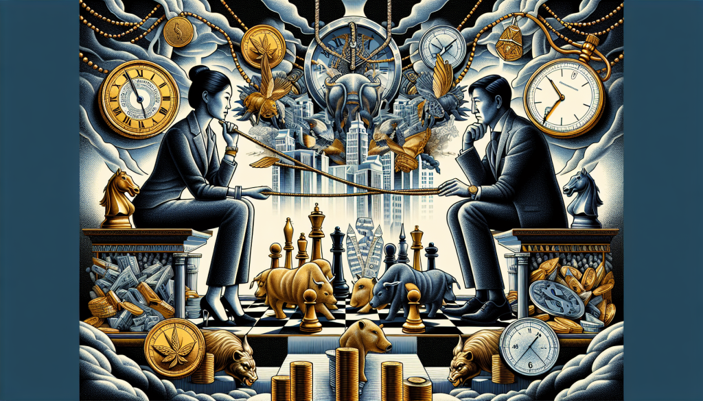 A highly detailed, symbolic illustration titled "Titans of Hedge Funds."