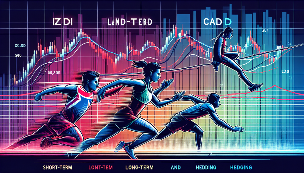 Illustration of NZD/CAD trading strategy showing short-term and long-term momentum with runners symbolizing trend strength, indicators, and hedging across market phases.