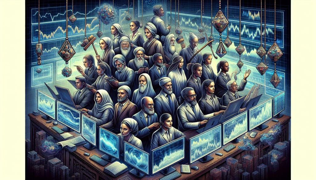 An immersive, detailed illustration of a massive, tiered trading floor.