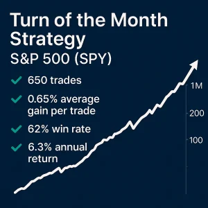 Infographic titled "Turn of the Month Strategy – S&P 500 (SPY)" displaying a rising equity curve and four key performance stats: 650 trades, 0.65% average gain per trade, 62% win rate, and 6.3% annual return.