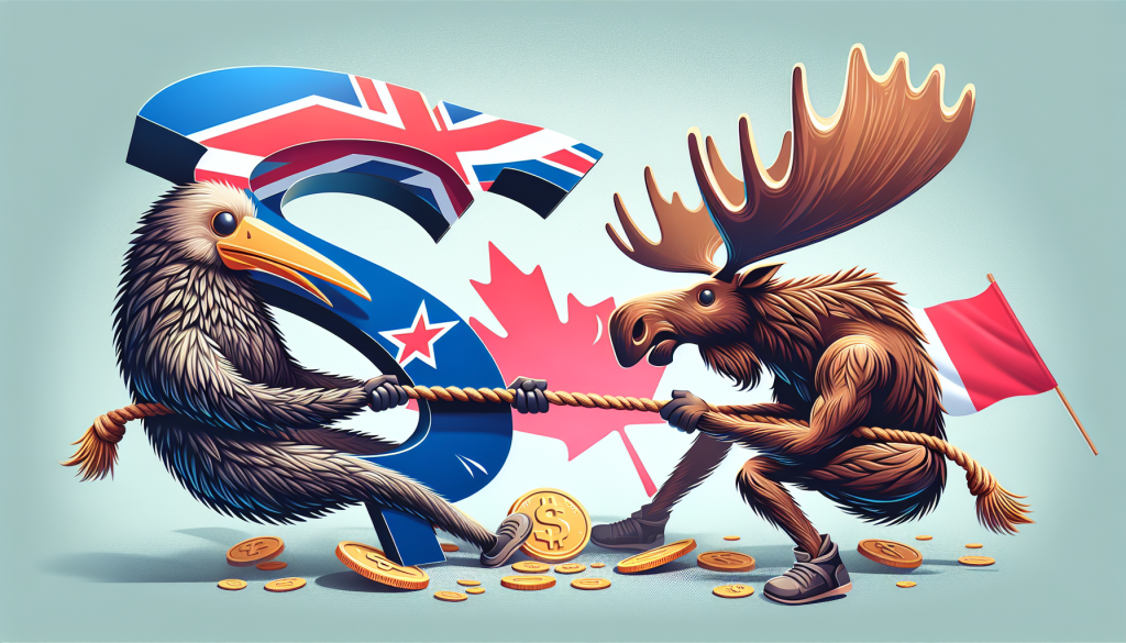 NZD/CAD Trading Strategy: (Backtest, Rules And Performance), conceptual illustration featuring a Kiwi bird and a Moose in a tug-of-war representing the New Zealand Dollar and Canadian Dollar exchange.