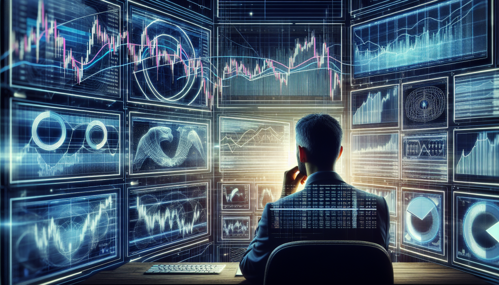 EURCHF Forex Trading Strategies (Backtest, Rules And Performance): A trader in a suit viewed from behind, analyzing a sophisticated command center with multiple glowing digital screens displaying complex candlestick charts, technical indicators, and financial data visualizations.