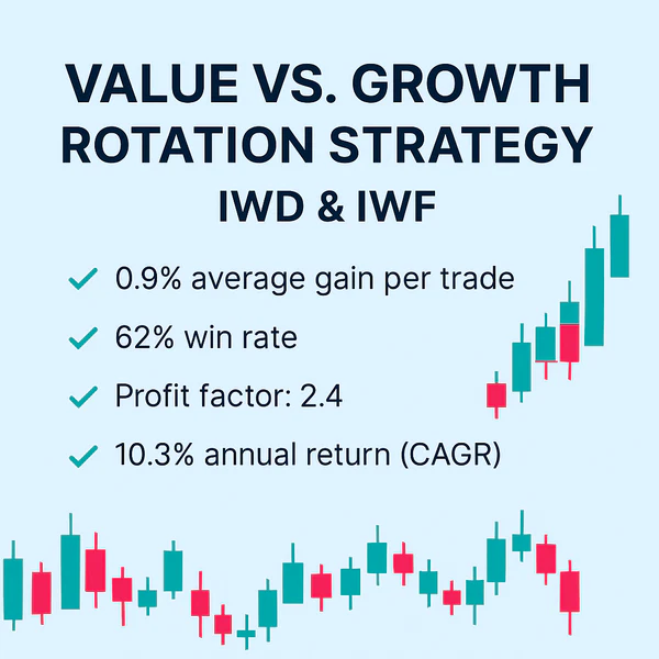 Value vs. Growth Rotation Strategy – IWD & IWF, quantitative backtest results, 62% win rate, 2.4 profit factor, Russell 1000 Value and Growth rotation.