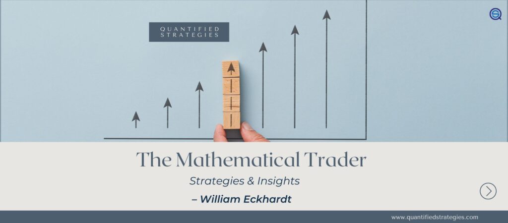 An educational infographic titled "William Eckhardt: The Mathematical Trader" featuring a grey and light blue 3D cube stack.