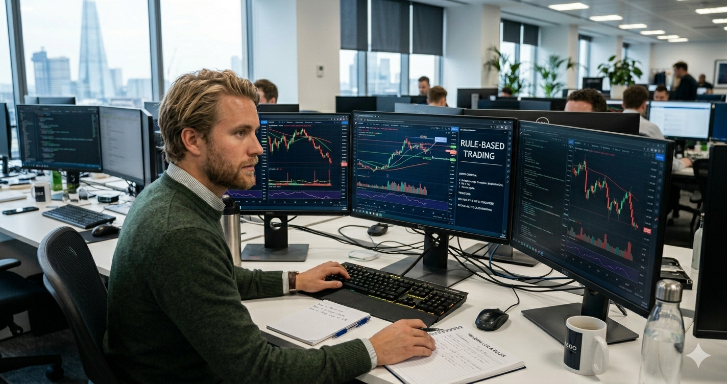 A professional trader sitting at a multi-monitor desk in a modern office, focused on financial charts and data screens with the text "Rule-Based Trading" visible.