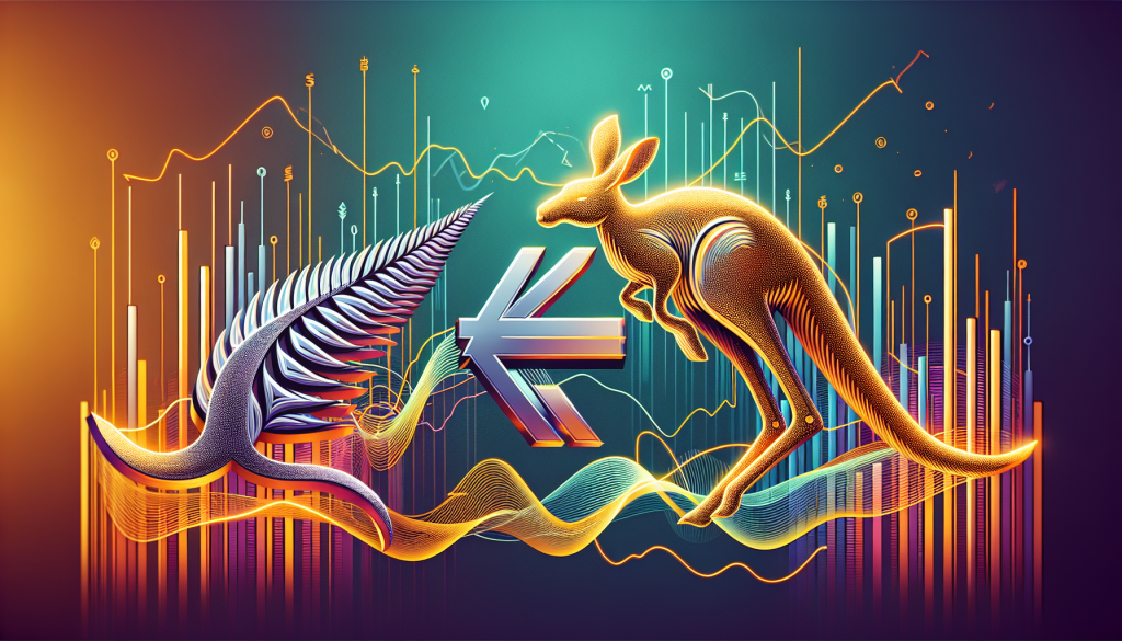 A vibrant digital illustration representing the "Aussie Kiwi" pair, featuring a glowing golden kangaroo and a silver silver-fern leaf facing each other, set against a background of colorful financial bar charts and oscillating trend lines.