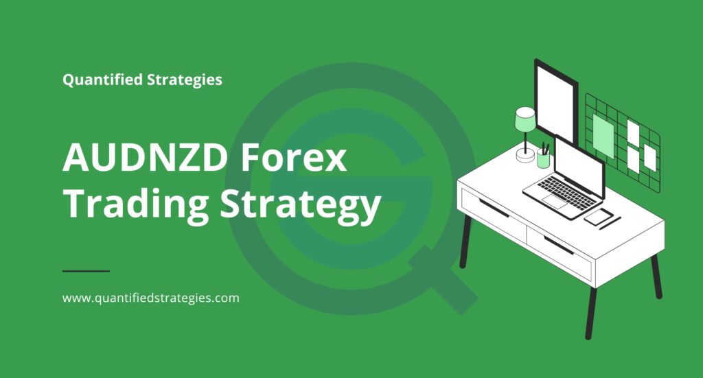 A professional graphic with a green background featuring a white line-art illustration of a modern trading desk equipped with a laptop, monitor, and desk lamp, alongside the "Quantified Strategies" branding.