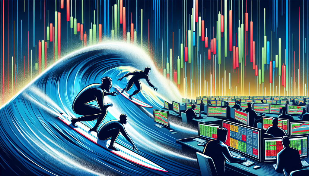 A conceptual digital illustration of three surfers riding a massive, stylized blue wave of market momentum, merging into a modern trading floor where analysts monitor glowing screens against a background of vibrant red and green candlestick charts.