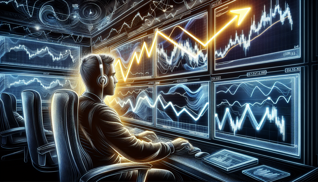A stylized digital illustration of a trader wearing a headset, sitting in front of a multi-monitor workstation.
