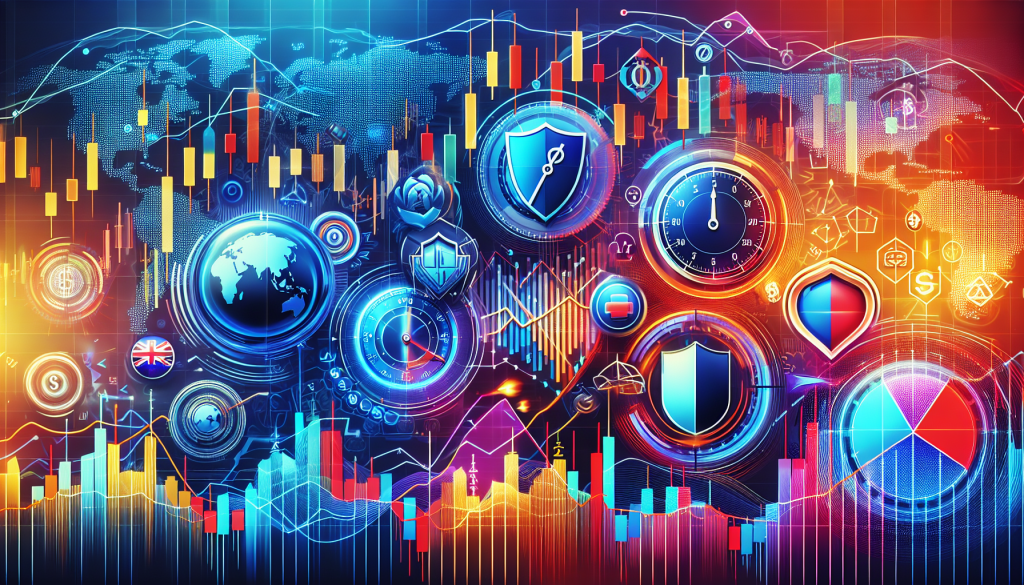 An abstract digital collage titled "Best Strategies for Trading NZD/CHF," featuring protective shield icons, clocks, global maps, and vibrant candlestick charts in a futuristic trading interface style.