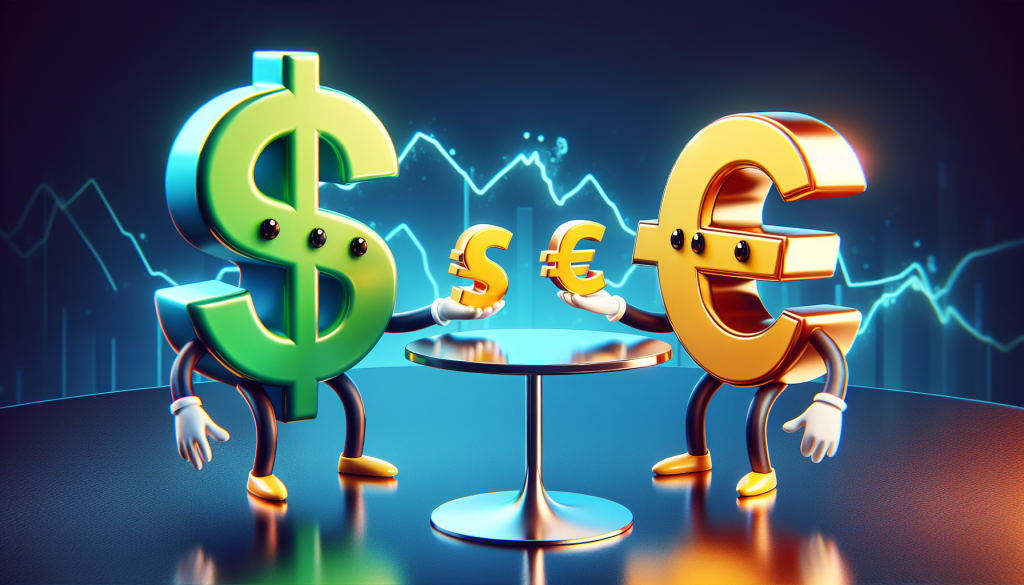 A playful digital illustration featuring two anthropomorphic currency symbols sitting opposite each other at a small, round gold table.