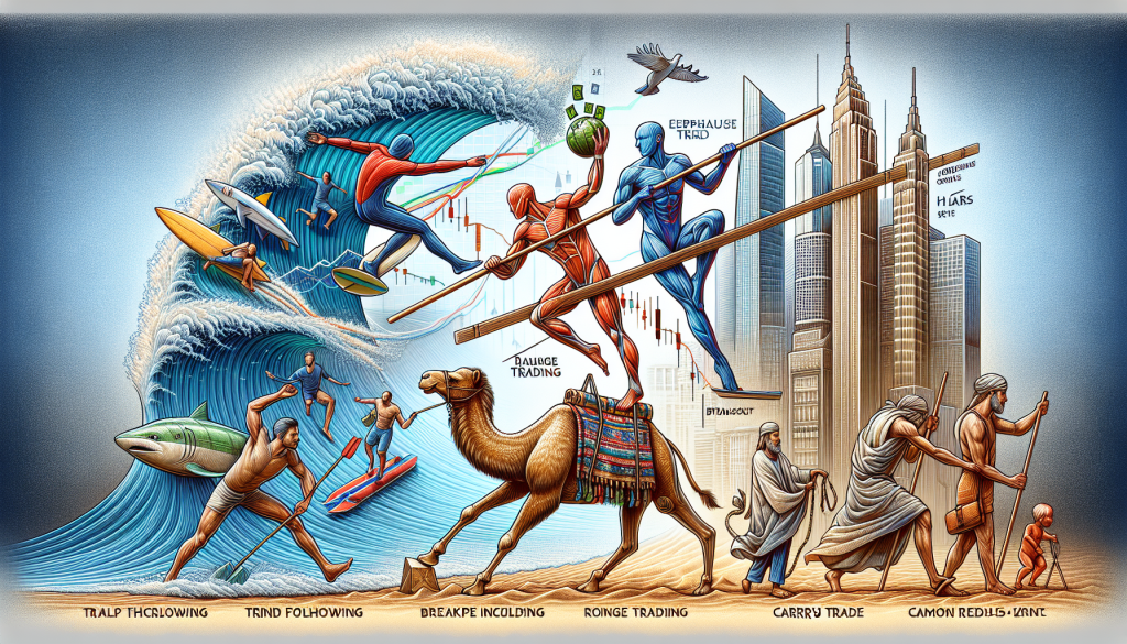 A vibrant, surreal illustration depicting various trading concepts through metaphors.