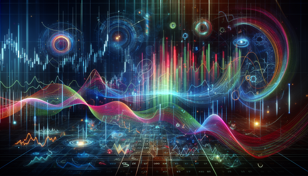 An abstract, futuristic digital visualization of financial data featuring glowing candlestick charts, wave-like technical indicators in vibrant neon colors, and complex mathematical overlays on a dark grid background.