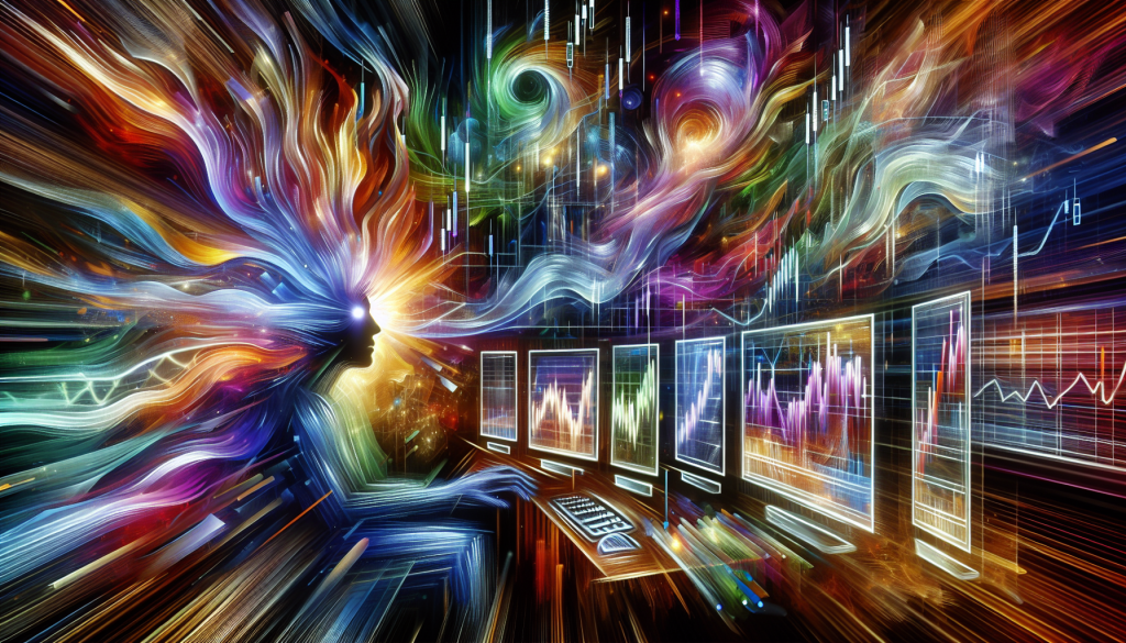Abstract artistic representation of a trader analyzing EURUSD market data, glowing silhouette interacting with multiple digital trading screens, vibrant colorful energy waves representing market volatility and systematic trading rules, futuristic quantitative forex analysis visualization.