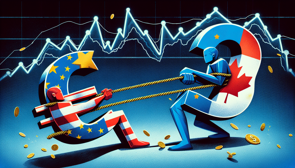 A creative illustration of a tug-of-war between two figures representing the Euro and the Canadian Dollar against a background of financial charts.