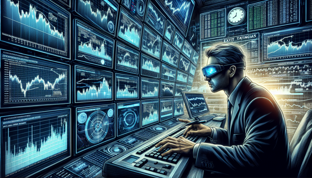 A stylized illustration of a professional trader wearing high-tech glasses, intensely monitoring a massive wall of digital screens displaying real-time financial charts, candlestick patterns, and data visualizations in a futuristic trading command center.