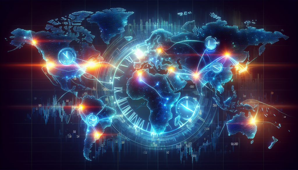 Global digital world map with glowing connections and clock overlays for EURUSD trading strategy, forex market session times visualization, international financial connectivity, algorithmic trading across global time zones, 24/5 currency market active hours.