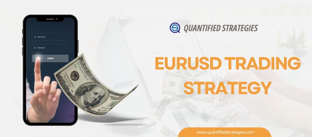 EURUSD trading strategy banner featuring a smartphone login screen with a hand touching the button, a floating 100 dollar bill, and the Quantified Strategies logo on a clean white background.