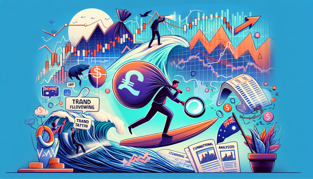 A vibrant, detailed illustration depicting a trader surfing on a surfboard across stylized ocean waves made of financial charts.